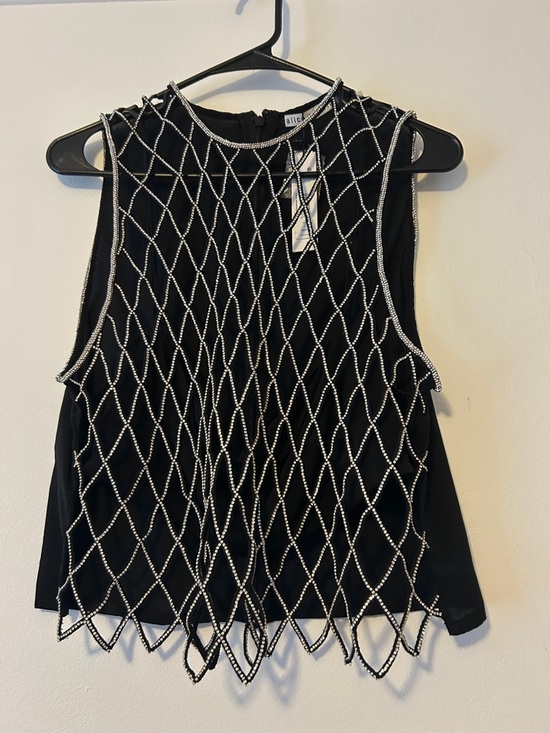 Alice + Olivia Tops - Alice + Olivia Black Sleeveless Top with Silver Beaded Net Overlay